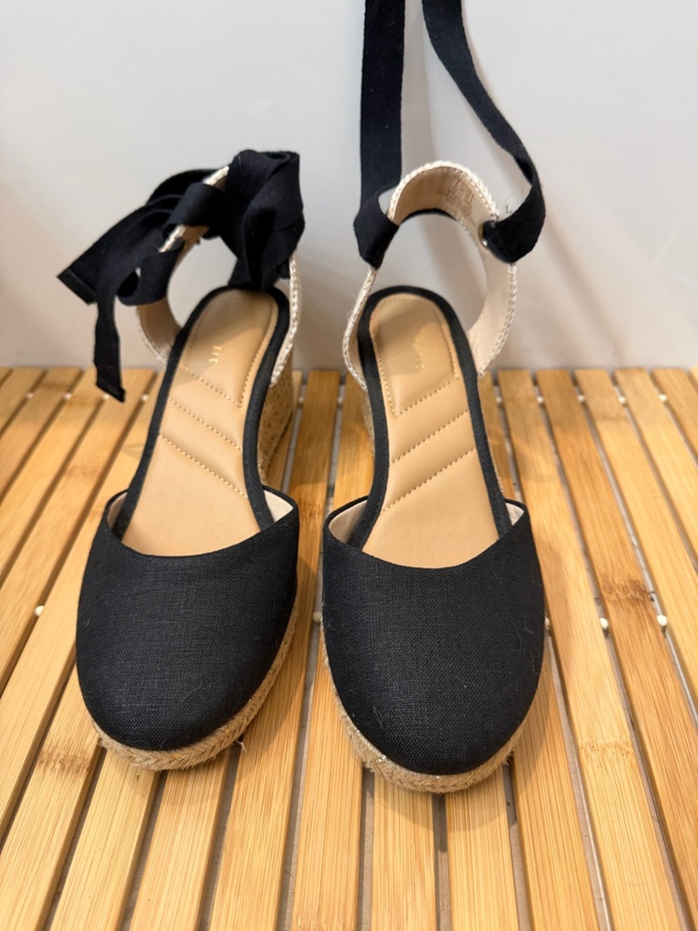 Kelly & Katie Black Espadrille Wedge Ankle-Tie Sandals